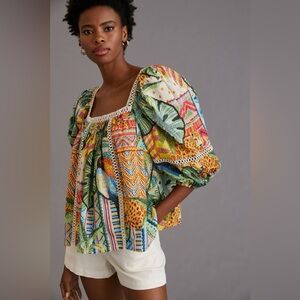 Anthropologie Farm Rio Lace Inset Peasant Blouse Tropical Print Top Medium